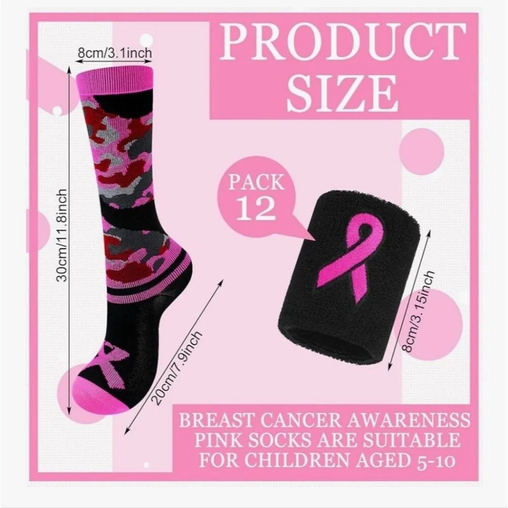2 Pair Breast Cancer Awareness Pink Ribbon Camo Socks And Wristbands Set - NIP